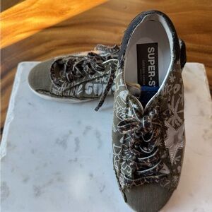 Golden Goose SuperStar Olive and White Graffiti Sneakers with Silver Star